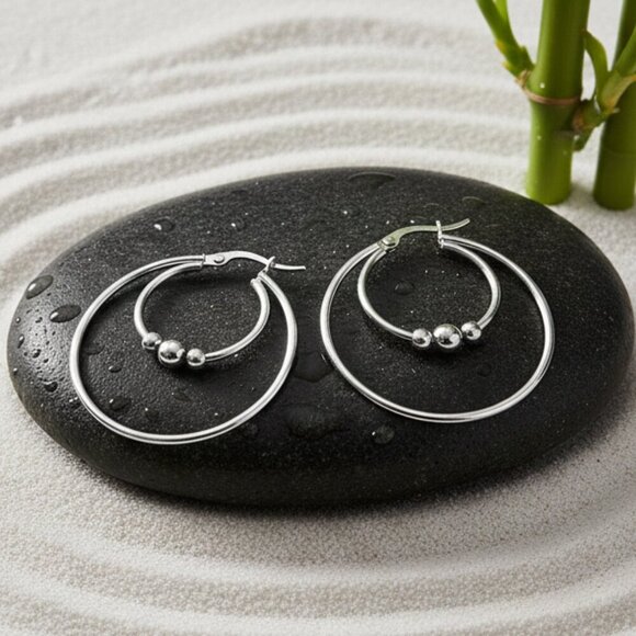 Minimalist Elegant Silver Beaded Stainless Steel Hoop Earrings β 1.4" Diameter - Picture 5 of 13